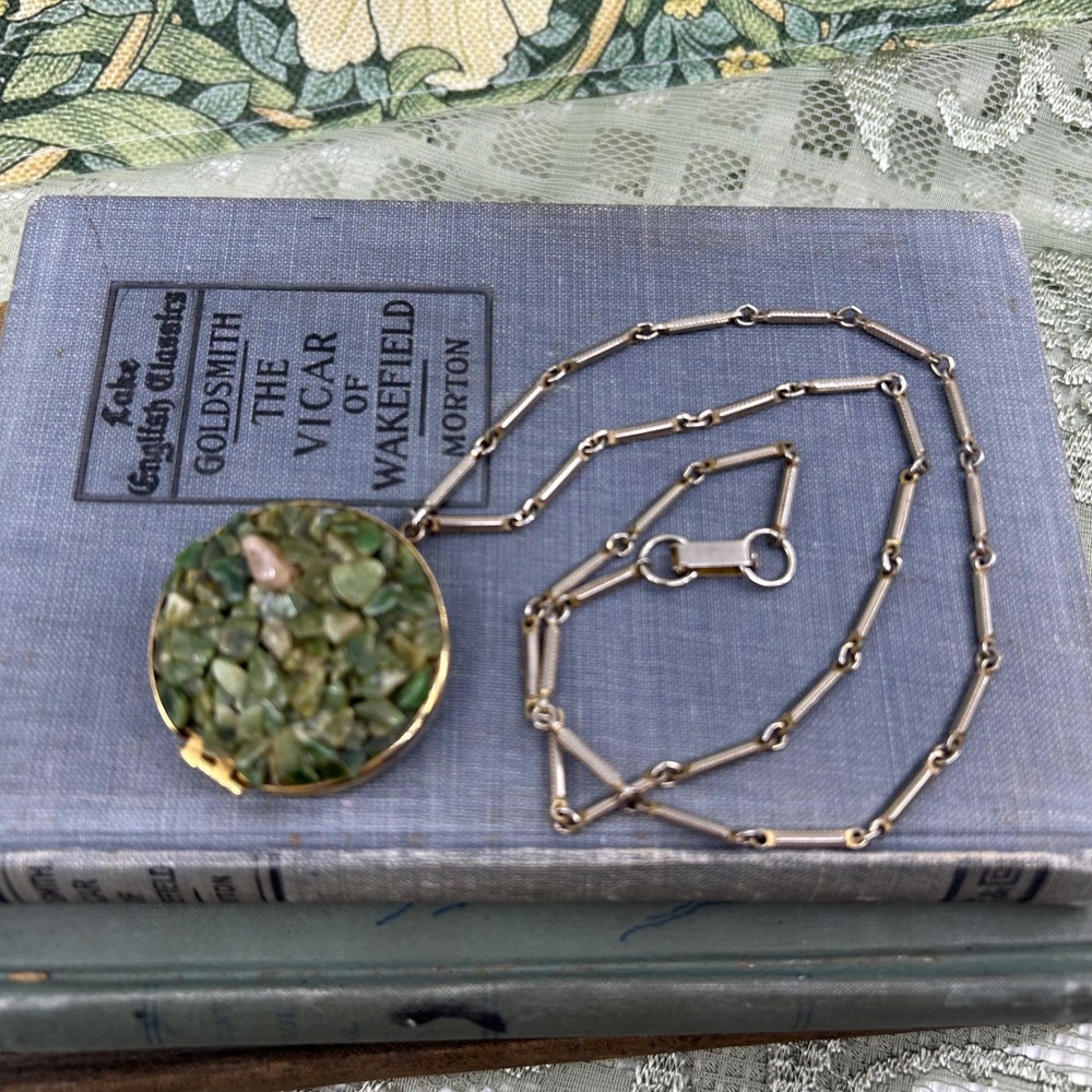 Vintage Large Locket Green Stone Pendant Gold Tone Long Necklace Boho Retro